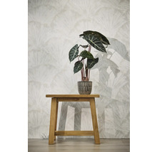 Vliesbehang met groot waaiervormig patroon achter een plant op een houten krukje.