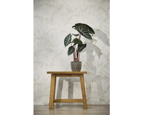 Vliesbehang met groot waaiervormig patroon achter een plant op een houten krukje.