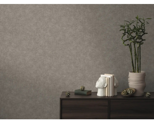 Gestructureerd vliesbehang in betonlook op een muur achter een donker dressoir met boeken en een plant in een pot.