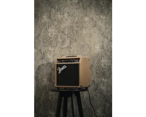 Fender akoestische versterker op een kruk voor een muur met textuur.