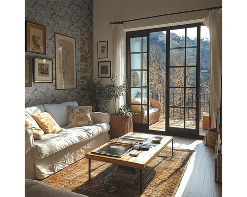 Lichte woonkamer met witte bank, houten salontafel en grote glazen pui naar het balkon met uitzicht op de natuur.