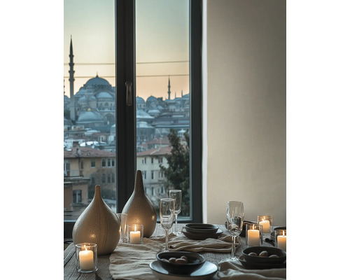 Gedekte tafel met keramische vazen, glazen en kaarsen voor een raam met uitzicht op een stad met moskeeën bij schemering.
