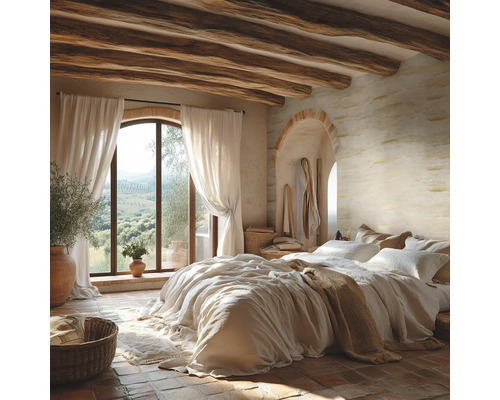 Rustieke slaapkamer met houten plafondbalken, muren met textuur, stenen vloer en een groot boogvenster met uitzicht op het landschap.
