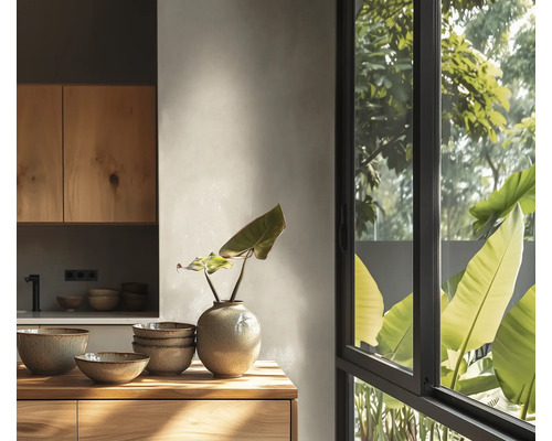 Moderne lichte keuken met houten kasten, keramische schalen op een houten aanrecht en een groot raam met uitzicht op groen.