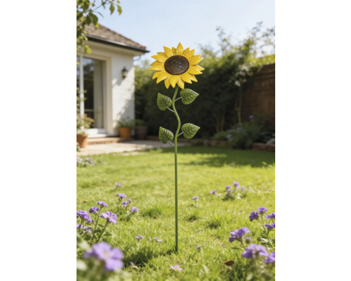 Tuinsteker zonnebloem van metaal op een gazon in een lichte tuin met bloemen.