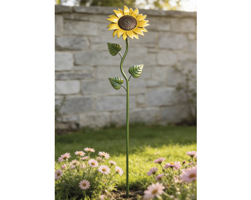 Tuinsteker zonnebloem van metaal in een bloembed met roze bloemen voor een stenen muur.