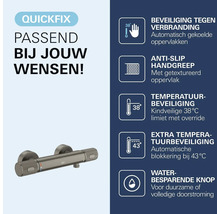 Grohe QuickFix douchethermostaat met beveiliging tegen verbranding, antislip handgreep, temperatuurbeveiliging op 38 en 43 graden en waterbesparende knop.