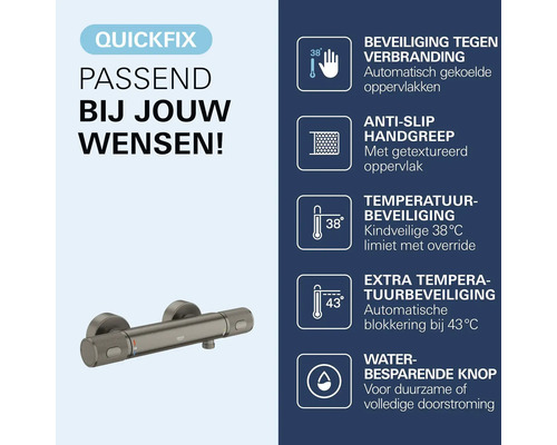 Grohe QuickFix douchethermostaat met beveiliging tegen verbranding, antislip handgreep, temperatuurbeveiliging op 38 en 43 graden en waterbesparende knop.