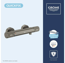 GROHE thermostaat douchekraan, QuickFix systeem, inclusief QuickSpanner, ontworpen in Duitsland, 5 jaar garantie, GROHE Logo.