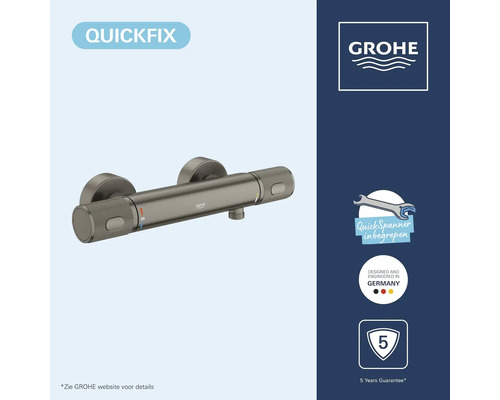 GROHE thermostaat douchekraan, QuickFix systeem, inclusief QuickSpanner, ontworpen in Duitsland, 5 jaar garantie, GROHE Logo.
