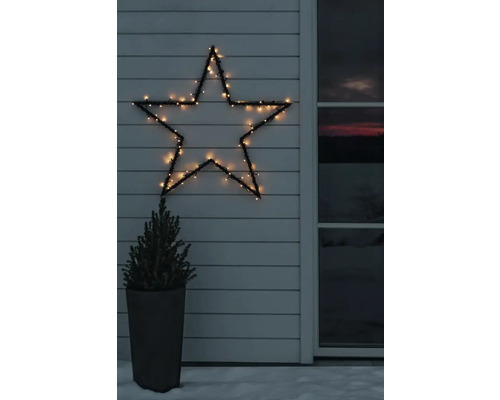 Verlichte LED-ster op een witte houten gevel naast een kleine naaldboom in een pot bij winterse schemering.