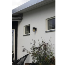 Moderne zwarte cilindrische buitenwandlamp met verticale lichtlamellen op een witte buitenmuur tussen ramen en planten.