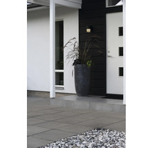 Moderne entree met hoge antracietkleurige plantenbak, siergras en grijze terrastegels.