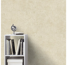 Getextureerd beige behang in een kamer met een witte boekenkast, boeken en een wereldbol.