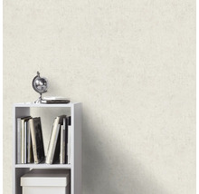 Licht vliesbehang met een subtiele pleisterstructuur in een modern ingerichte kamer met een witte boekenkast en een wereldbol.