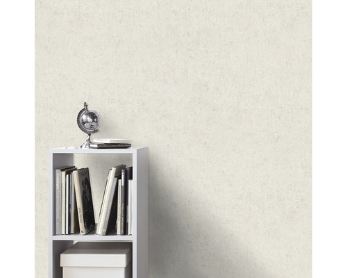 Licht vliesbehang met een subtiele pleisterstructuur in een modern ingerichte kamer met een witte boekenkast en een wereldbol.