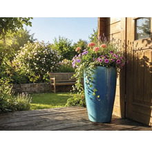 Hoge blauwe keramische plantenbak met zomerbloemen en klimop op een houten terras in een lichte tuin met tuinbank en stenen muur.