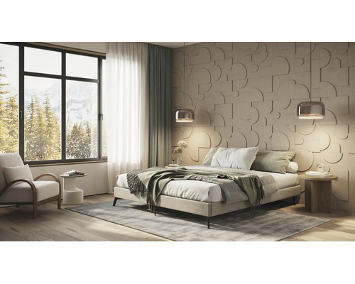 Moderne slaapkamer met 3D wandpanelen in geometrisch ontwerp, tweepersoonsbed, hanglampen en groot raam met uitzicht op de bergen.