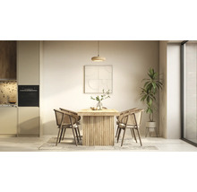Moderne eetkamer met massief houten tafel, vier rotan stoelen, hanglamp en minimalistische wanddecoratie.