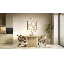 Moderne eethoek met een massief houten tafel met lamellenonderstel, vier rotan stoelen met kussens, een hanglamp en een grote kamerplant.
