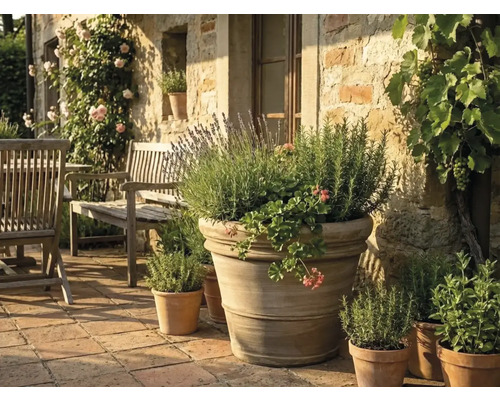 Grote terracotta plantenpot met lavendel, roosmarijn en geraniums op een licht stenen terras met houten tuinmeubelen.