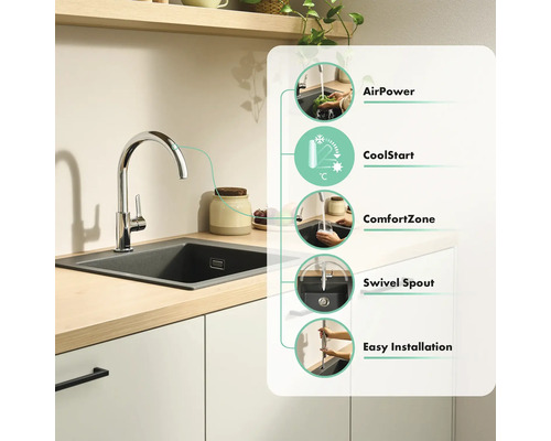 Keukenkraan met hoge draaibare uitloop bij donkere spoelbak, met AirPower, CoolStart, ComfortZone en eenvoudige montage in een overzicht.