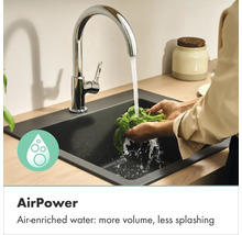Keukenkraan met AirPower-technologie bij het wassen van kruiden in een zwarte gootsteen. Met lucht verrijkt water zorgt voor meer volume.