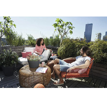 Licht dakterras met loungemeubels, waaronder een ronde vlechttafel, een witte buitenbank, een rode stoel en diverse groene planten zoals bamboe.