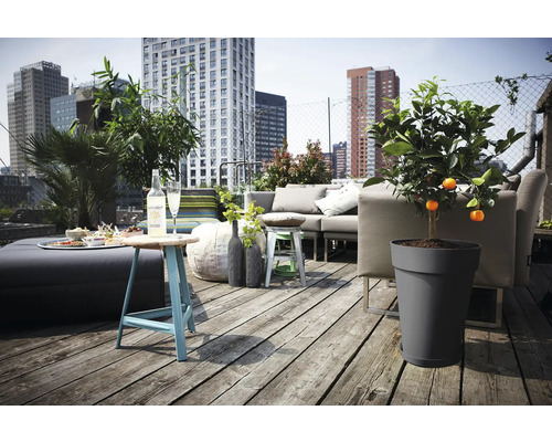 Licht dakterras met houten vlonder, moderne grijze loungebank, kunststof plantenbak met citrusboom en uitzicht op de skyline van de stad.