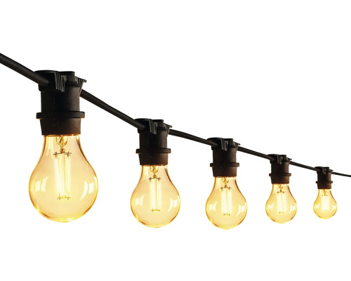 Prikkabel voor buiten met LED lampen in vintage stijl en een zwart snoer.