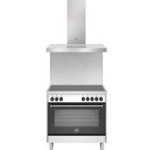 Bertazzoni fornuis-set met inductiekookplaat, oven, spatwand en afzuigkap van roestvrij staal, Bertazzoni Logo.