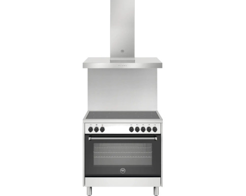 Bertazzoni fornuis-set met inductiekookplaat, oven, spatwand en afzuigkap van roestvrij staal, Bertazzoni Logo.