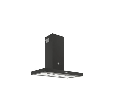 Zwarte metalen wandafzuigkap met ledverlichting en drie vetfilters.