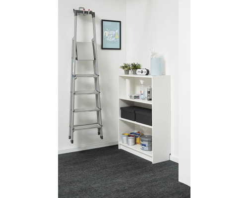 Georganiseerde opbergruimte met een wit rek en een aluminium ladder aan de wand, gevuld met verfblikken en opbergdozen.