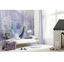 Lichte kinderkamer met Disney Frozen fotobehang, een eenpersoonsbed, een speeltent en lichte gordijnen.