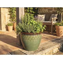 Keramische plantenpot met ruitpatroon, gevuld met kruiden zoals lavendel en rozemarijn, op een zonnig terras bij een houten bank.