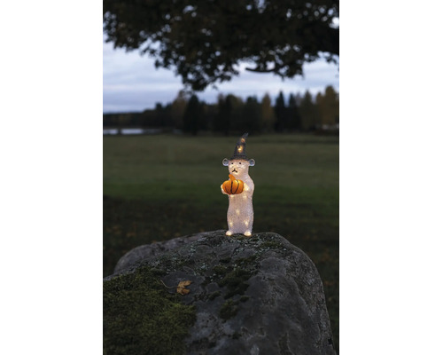 LED acryl figuur muis met heksenhoed en pompoen op een bemoste steen buiten.