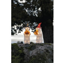Twee verlichte muisfiguren van transparant acryl voor buiten, één met een pompoen en een grijze hoed, de andere met kaas en een rode hoed.