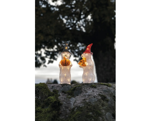 Twee verlichte muisfiguren van transparant acryl voor buiten, één met een pompoen en een grijze hoed, de andere met kaas en een rode hoed.
