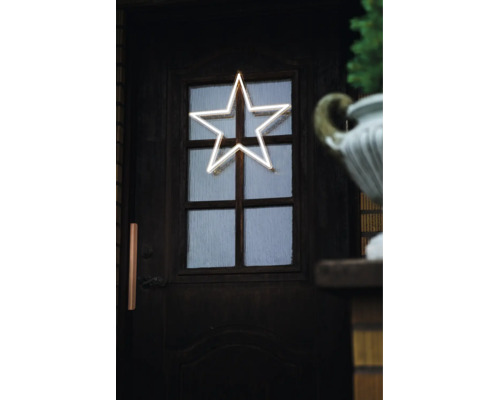 LED-ster met neonlook als kerstverlichting op een donkere houten deur met glaselementen.