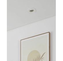 Witte inbouwspot in een licht plafond boven een minimalistisch schilderij aan een witte muur.