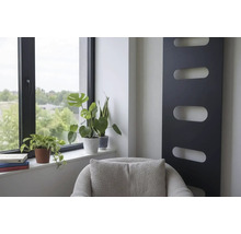Modern interieur met zwarte verticale designradiator, kamerplanten bij het raam en grijze fauteuil.