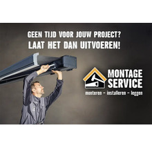 Vakman monteert een zonnescherm. Hornbach Montage Service Logo. Tekst: Montage Service - monteren, installeren, leggen.