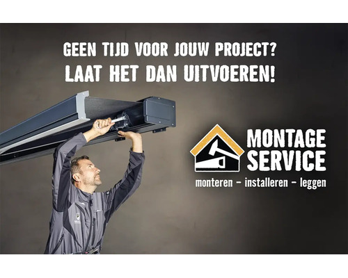 Vakman monteert een zonnescherm. Hornbach Montage Service Logo. Tekst: Montage Service - monteren, installeren, leggen.