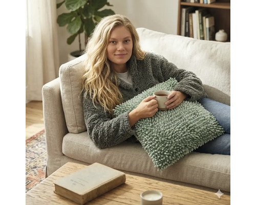 Vrouw op een bank in een lichte woonkamer met een getextureerd sierkussen en mok in haar handen, gezellige sfeer met plant en boekenkast.