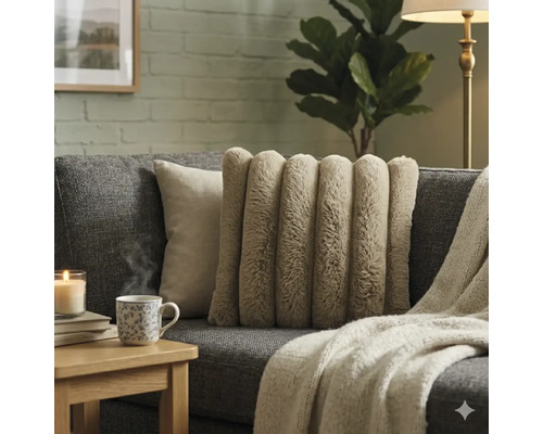 Beige sierkussen van imitatiebont met verticale ribbels op een grijze bank in een woonkamer met gebreide deken en mok op een bijzettafel.