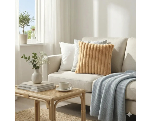 Lichte woonkamer met een lichte bank, een geribbeld okerkleurig kussen, diverse sierkussens, blauwe plaid en een rotan tafel.