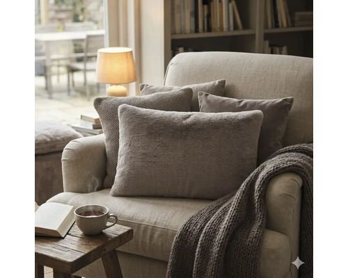 Gezellige fauteuil met diverse sierkussens van imitatiebont en breisel, plus een grofgebreid plaid in een lichte woonkamer.