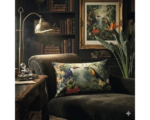 Donkere fauteuil met decoratief kussen met toekanmotief in een klassiek ingerichte kamer met boekenkast en messing bureaulamp.