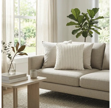 Lichte woonkamer met beige stoffen bank, wit ribfluwelen sierkussen en houten bijzettafel. Grote kamerplant en raam op de achtergrond.